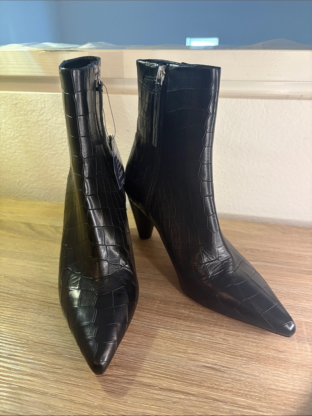 Croc-Embossed Black Pointed Toe Ankle Boots - Women
